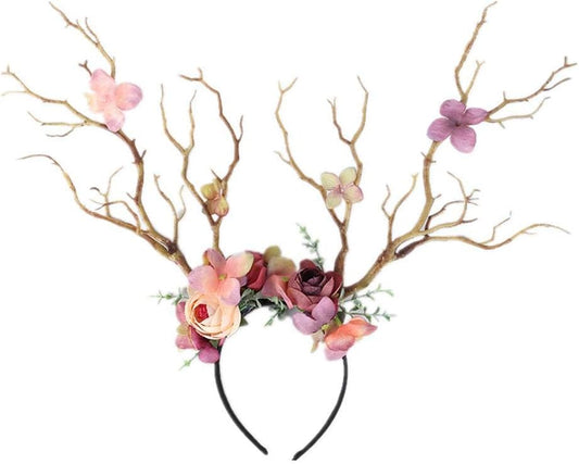 XIDAJIE Deer Antler Flower Crown Headbands Halloween Chritmas Long Antler Flower Branches Headband Props Horns Headpieces Hair Band Photo Shoot Forest Goddess Headdress Headwear, Light Brown