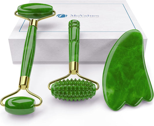 4-in-1 Jade Roller and Gua Sha Set. Jade Face Roller with Eye Massager, Jade Gua Sha, Ridged Roller Massager. Jade Roller for Face Real Jade 100% Jade Stone Roller. Warm Facial Massager or Ice Roller