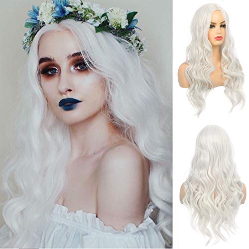 Women Long Curly Wavy White Wigs Synthetic Heat Resistant Halloween Costume Cosplay Hair Wig with Wig Cap