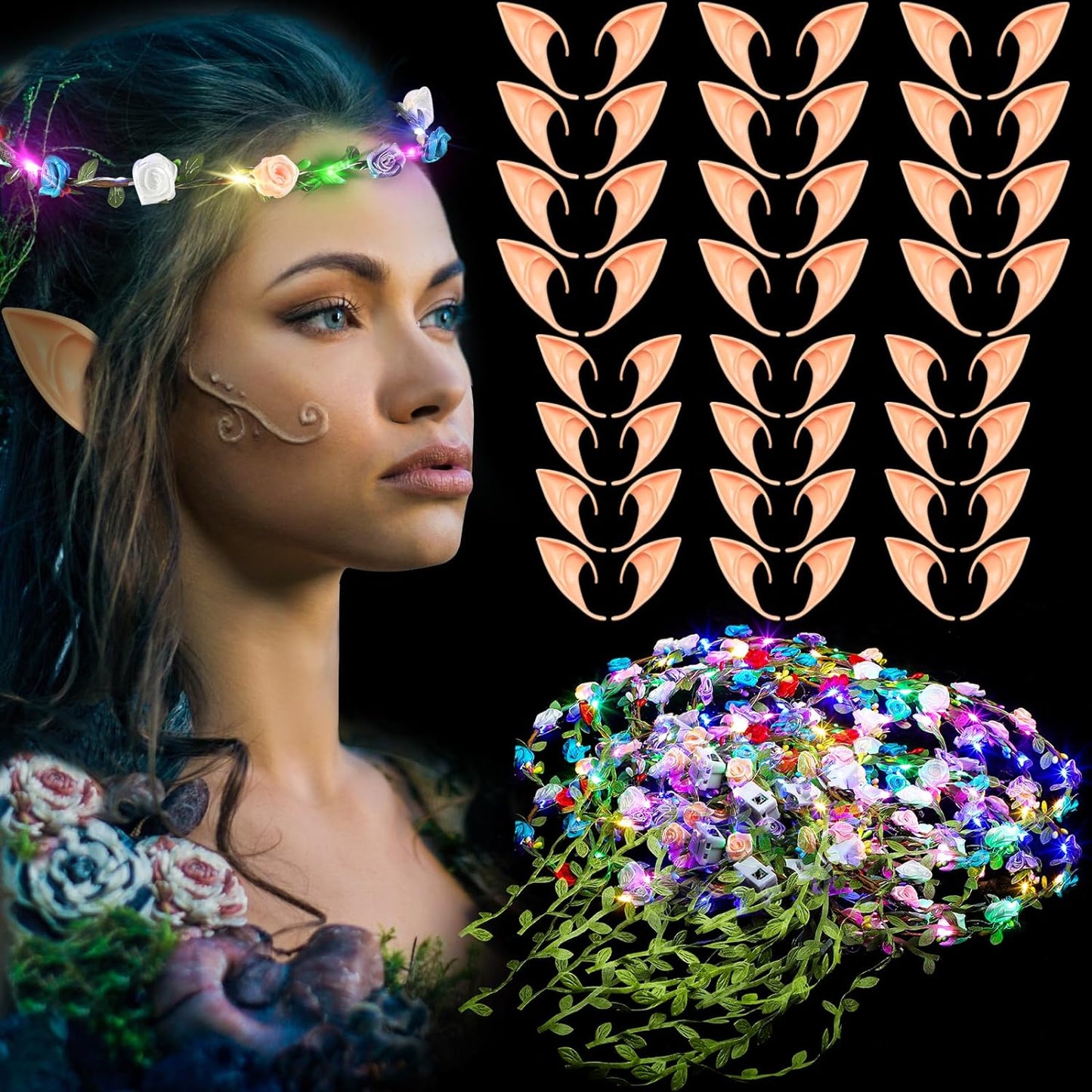 Zeyune 12 Pcs LED Light up Flower Crown with 24 Pairs Elf Ears Fairy Ears Flower Headband for Girls Women Fairy Costume for Costume Makeup Halloween Masquerade Christmas Party Cosplay