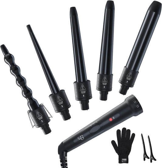 5 in 1 Curling Iron Wand Set: Ohuhu Curling Wand 5Pcs 0.35 to 1.25 Inch Interchangeable Ceramic Barrel Heat Protective Glove 2 Clips Dual Voltage Hair Curler for Girls Women Valentine's Day Gift Black