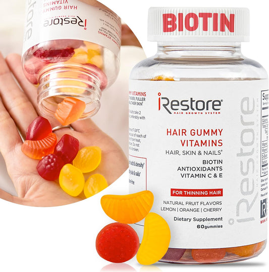 iRestore Biotin Gummies with Vitamins for Healthy Hair Skin and Nails | Nature's Fruit Flavor, Great Taste | Vegan Chewable Hair Growth Gummy for Women & Men | Non-GMO 5000 mcg