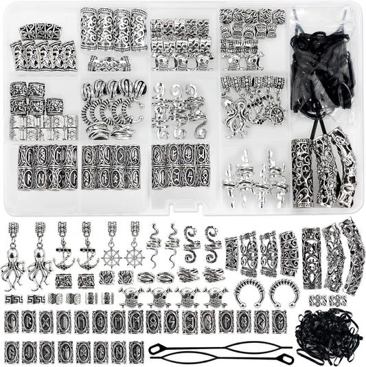 WNJ Viking Hair Jewelry, 165 PCS Beard Beads, Nordic Rune Tube Beads, Hair Tube Braided Dreadlocks Viking Jewelry, DIY Braid Hair Charms Hair Braid Bracelet Pendant Necklace, Metal Clips Cuffs Rings