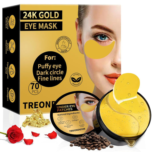 24K Gold Eye Masks for Dark Circles and Puffiness 70PCS, Under Eye Patches Gel Pads for Puffy Eyes Treatment w/Collagen, Caffeine, Peptides for Eye Bags Treatment, Gel Eye Mask Skincare
