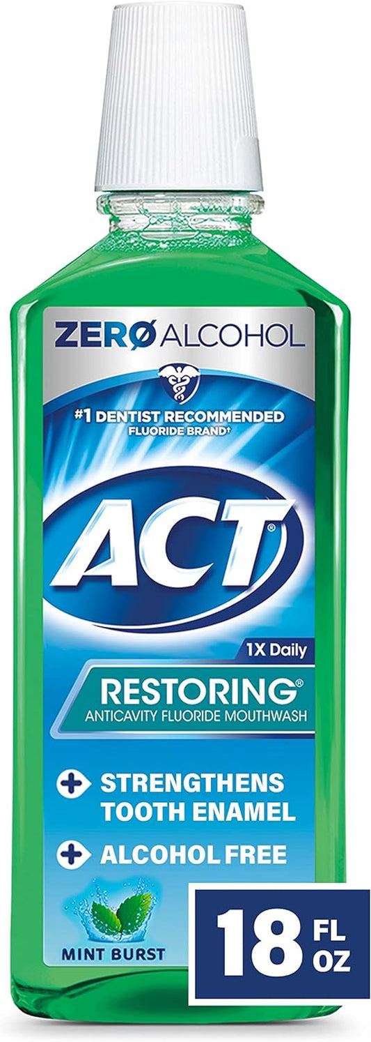 ACT Restoring Zero Alcohol Fluoride Mouthwash 18 fl. oz. Strengthens Tooth Enamel, Mint Burst